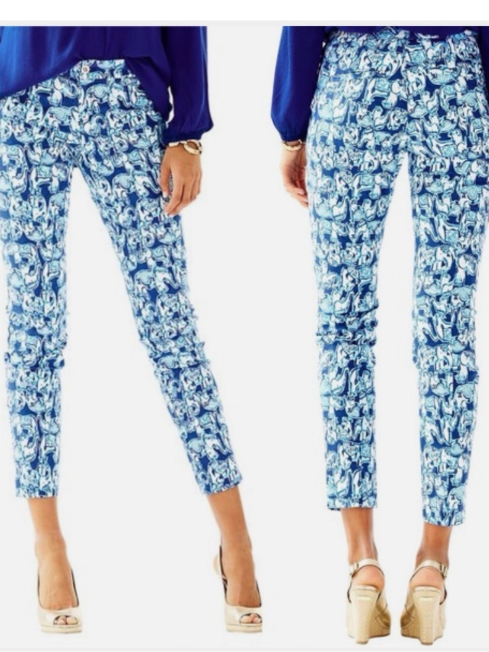Lilly Pulitzer Kelly ankle pants bomber Blue get trunky elephant print 0